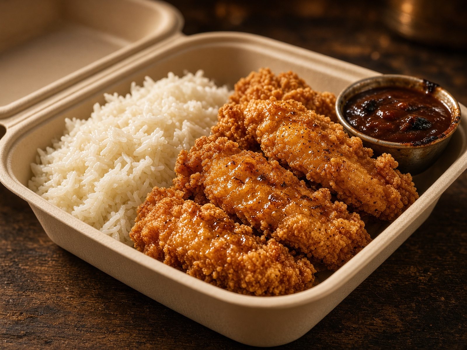 Barquette de riz et poulet frit, sauce barbecue fumée servie à part
