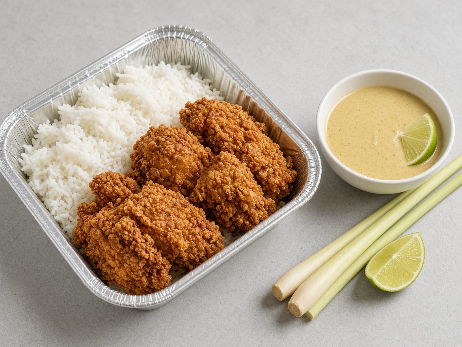 Riz jasmin, poulet frit et sauce coco-citronnelle à part, avec un citron vert