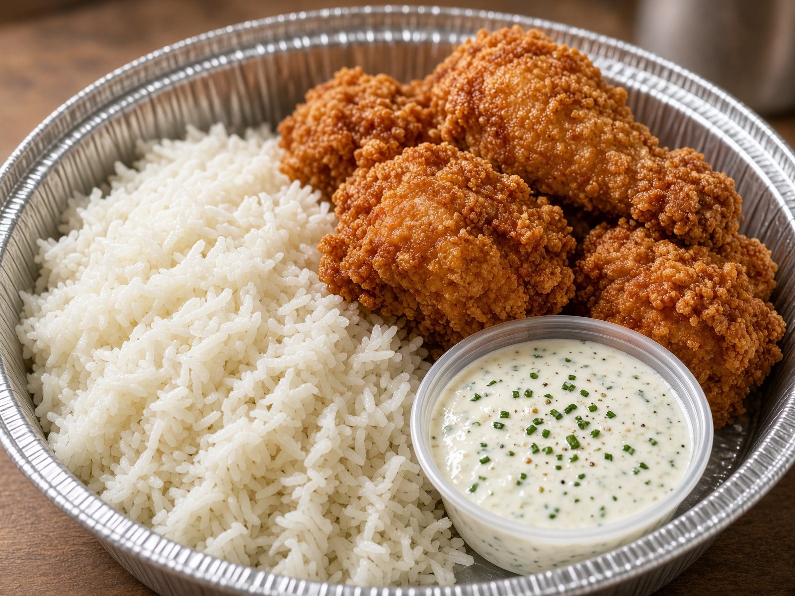 Poulet frit croustillant, riz jasmin et sauce ranch aux herbes à part