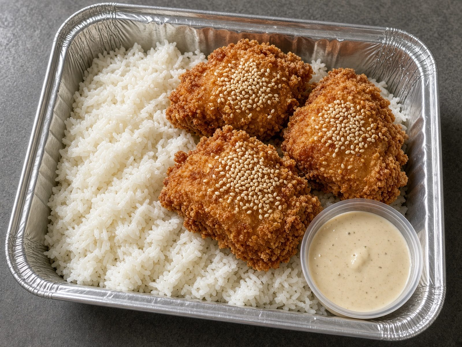 Barquette de riz jasmin et poulet frit au sésame, sauce à part